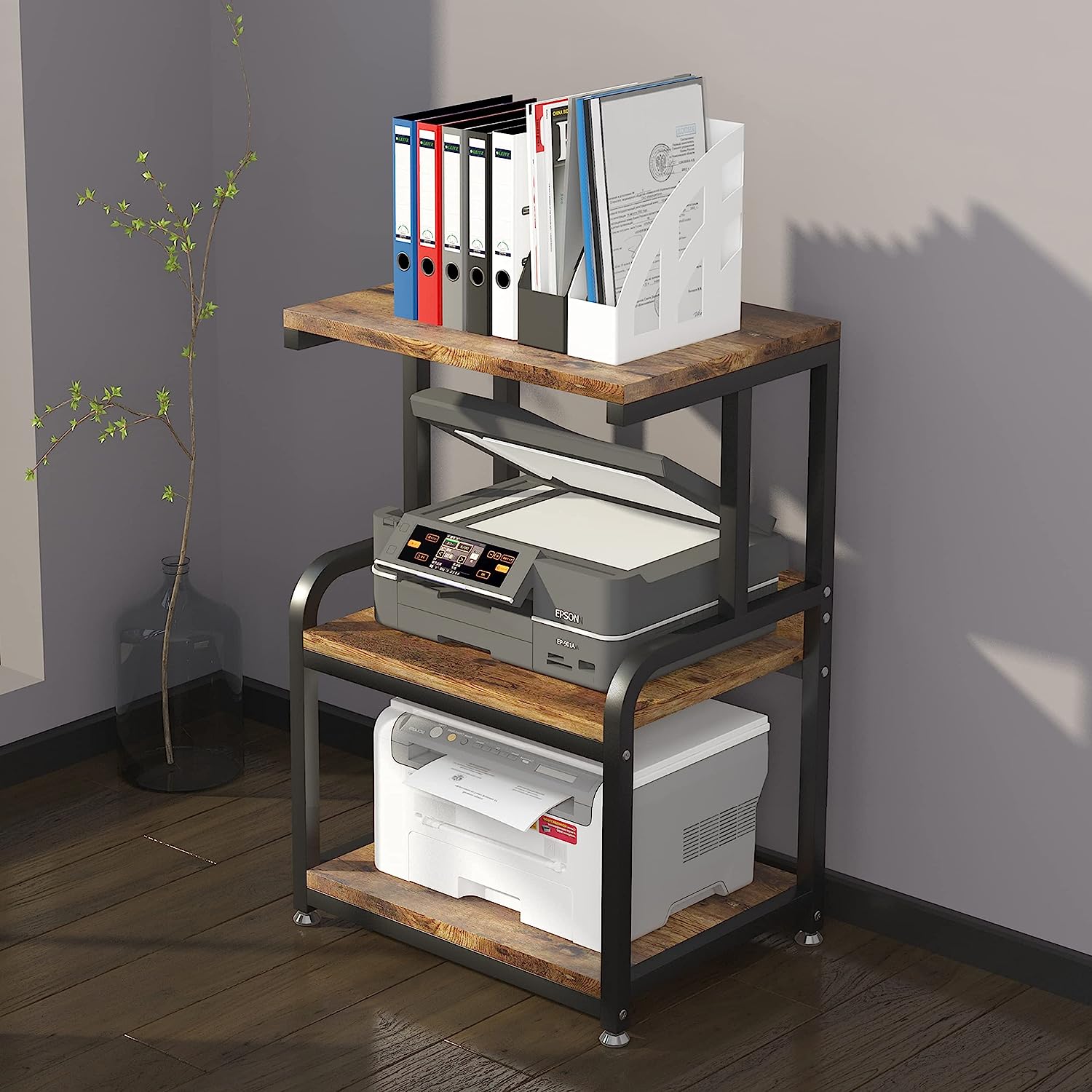 HOUYISHEYUE Home Printer Stand Vintage Printer Stand with 3 Tier Wood Storage Shelves Multi-Purpose Desk Organizer for Fax Machine, Scanner, Files, Books with Adjustable Anti-Skid Feet (Brown) - Image 7